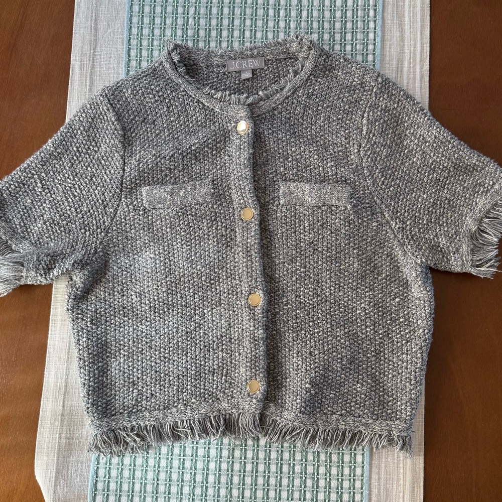 J. Crew Gray Textured Fringed Short-Sleeve Cardigan